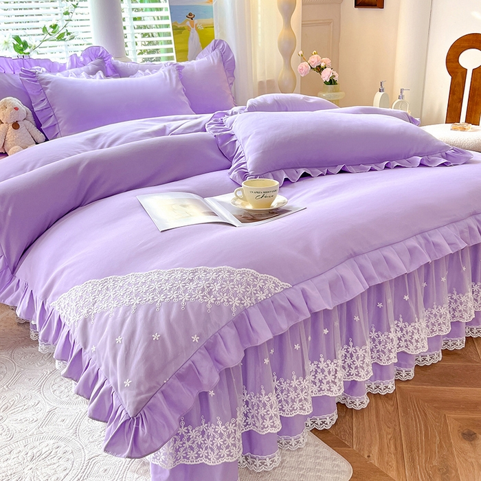 91家纺网 家纺一手货源 找家纺 后庭寝室 2025新款柔软亲肤花边蕾丝床裙四件套-花颜系列 花颜-浅紫