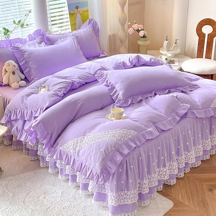 91家纺网 家纺一手货源 找家纺 后庭寝室 2025新款柔软亲肤花边蕾丝床裙四件套-花颜系列 花颜-浅紫