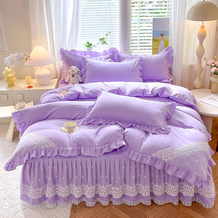 91家纺网 家纺一手货源 找家纺 后庭寝室 2025新款柔软亲肤花边蕾丝床裙四件套-花颜系列 花颜-浅紫