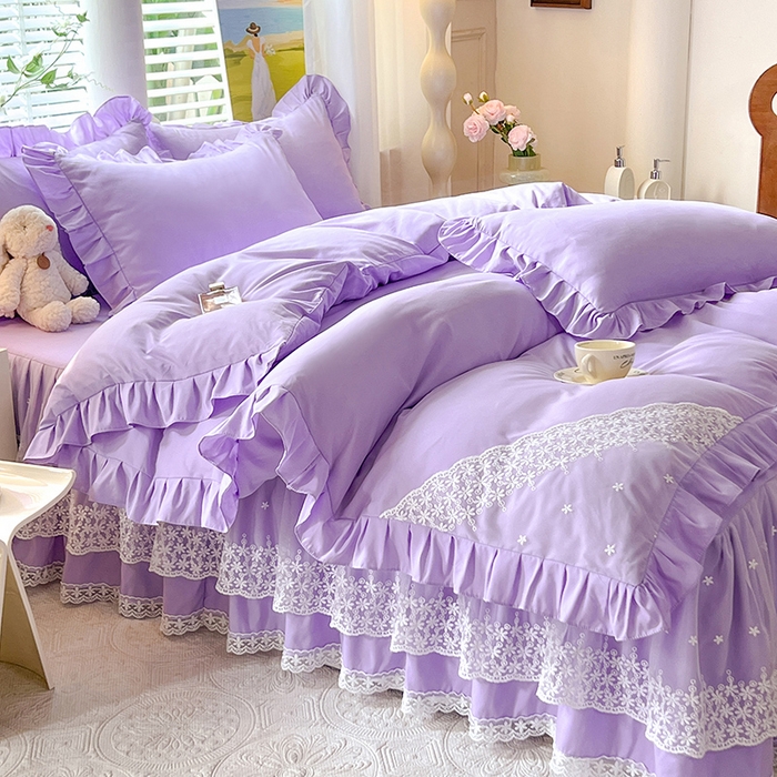 91家纺网 家纺一手货源 找家纺 后庭寝室 2025新款柔软亲肤花边蕾丝床裙四件套-花颜系列 花颜-浅紫