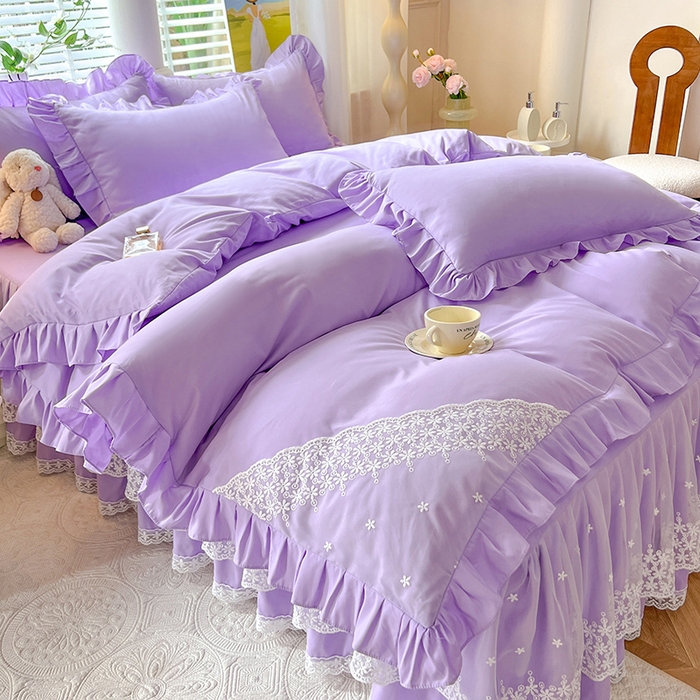 91家纺网 家纺一手货源 找家纺 后庭寝室 2025新款柔软亲肤花边蕾丝床裙四件套-花颜系列 花颜-浅紫