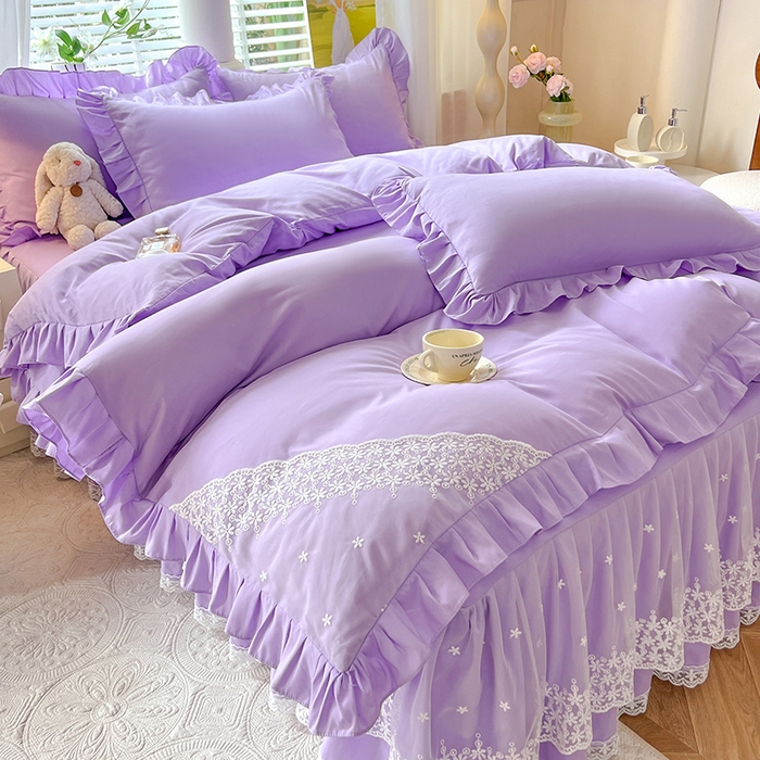 91家纺网 家纺一手货源 找家纺 后庭寝室 2025新款柔软亲肤花边蕾丝床裙四件套-花颜系列 花颜-浅紫