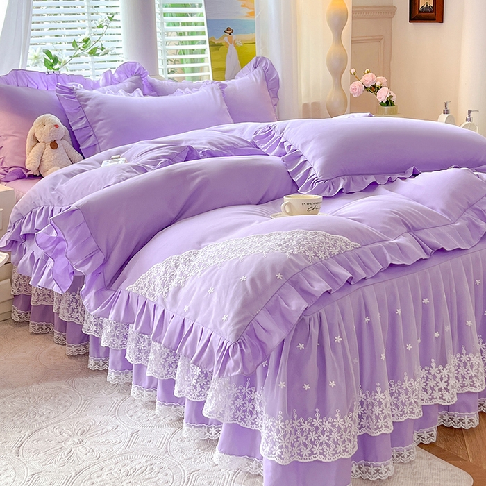 91家纺网 家纺一手货源 找家纺 后庭寝室 2025新款柔软亲肤花边蕾丝床裙四件套-花颜系列 花颜-浅紫