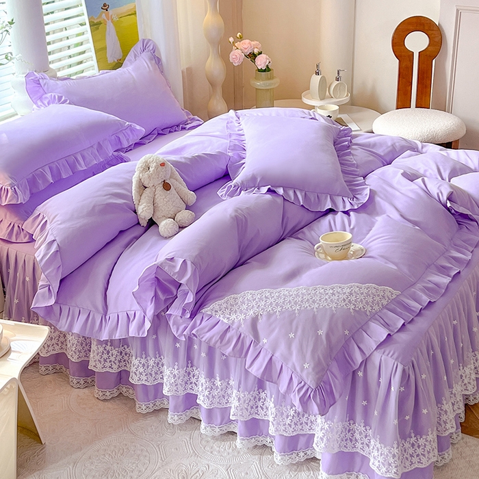 91家纺网 家纺一手货源 找家纺 后庭寝室 2025新款柔软亲肤花边蕾丝床裙四件套-花颜系列 花颜-浅紫