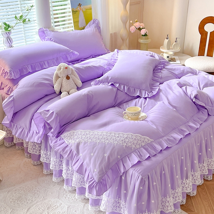 91家纺网 家纺一手货源 找家纺 后庭寝室 2025新款柔软亲肤花边蕾丝床裙四件套-花颜系列 花颜-浅紫