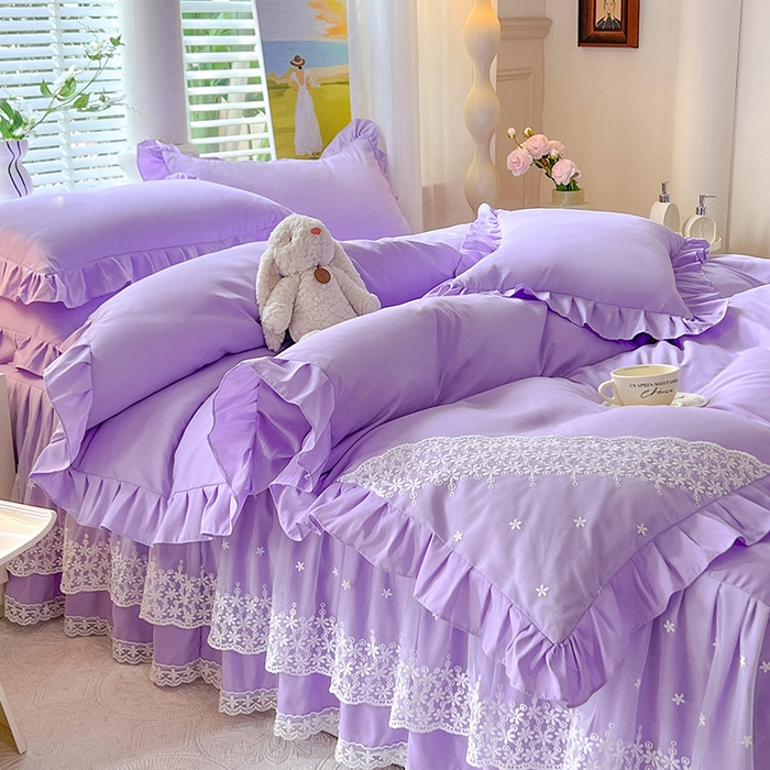 91家纺网 家纺一手货源 找家纺 后庭寝室 2025新款柔软亲肤花边蕾丝床裙四件套-花颜系列 花颜-浅紫