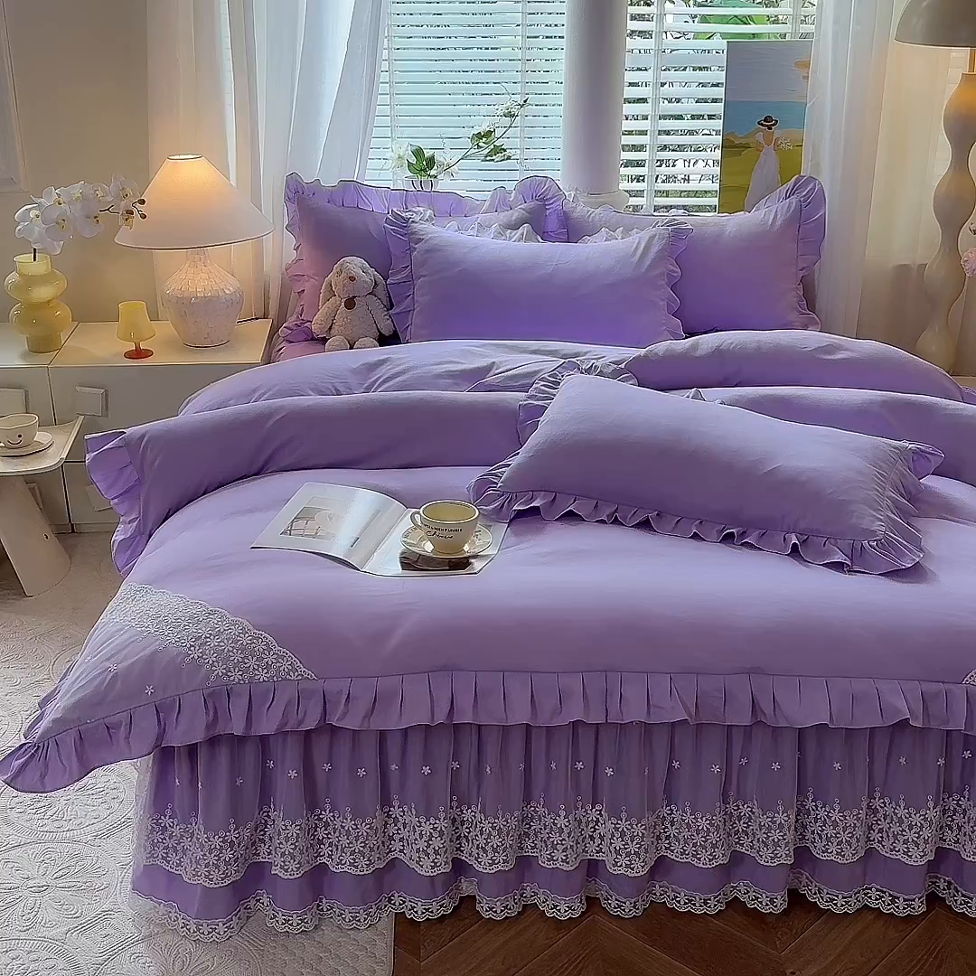 91家纺网 家纺一手货源 找家纺 后庭寝室 2025新款柔软亲肤花边蕾丝床裙四件套-花颜系列 花颜-浅紫
