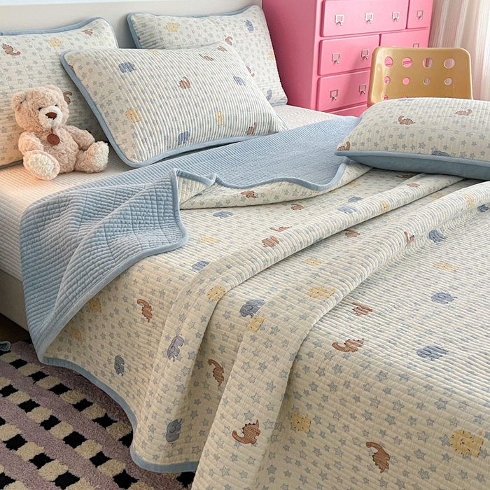 茉夕家纺 2025新款跑量款暖绒纯棉印花水洗床盖 床盖单件 蓝星动物园