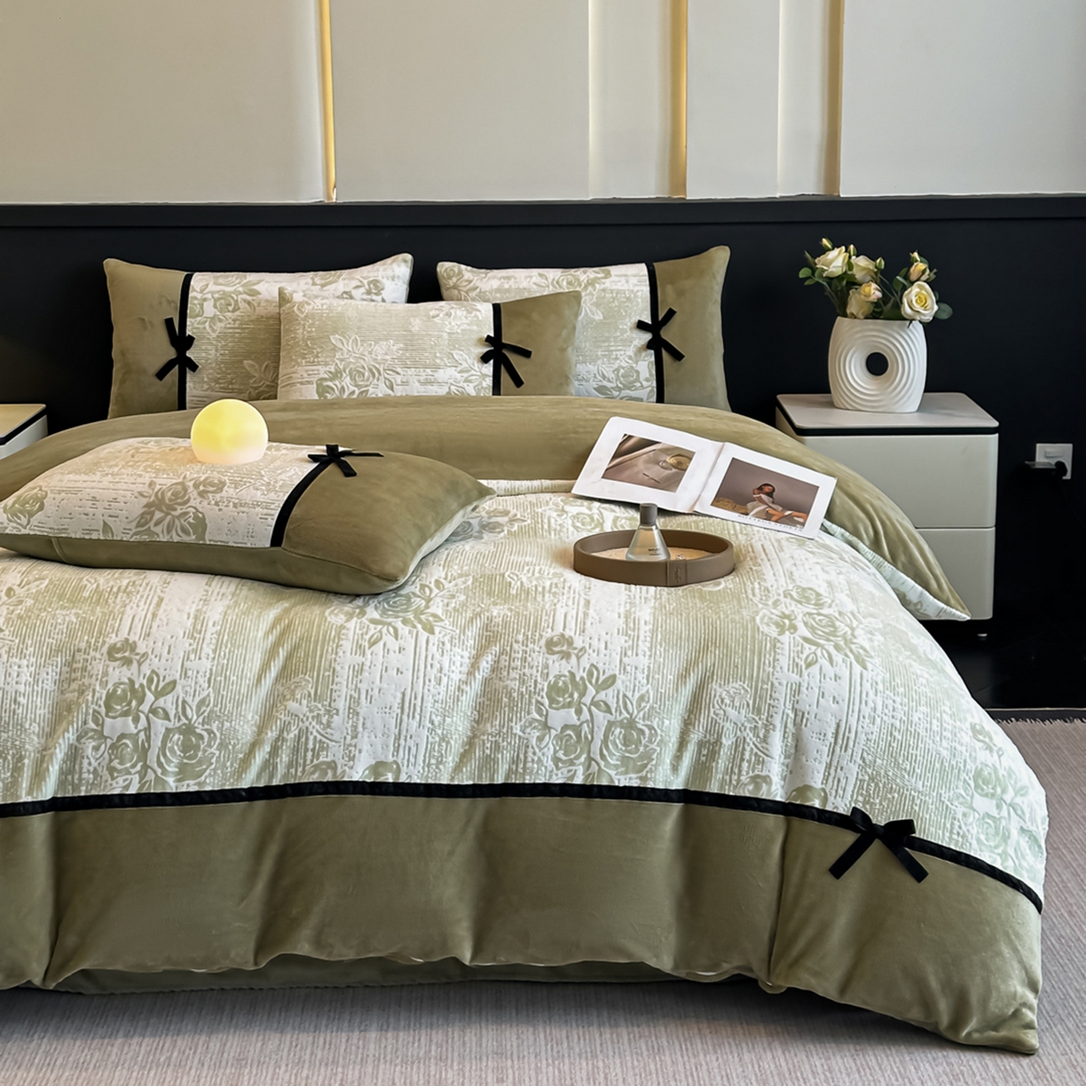 91家纺网 家纺一手货源 找家纺 凯美家居 2025新款A类雕花牛奶绒四件套-美拉德系列 小岛蔷薇 绿