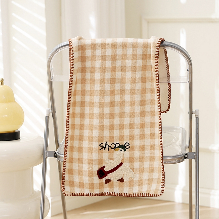 朴尔家纺-毛巾被 2025新款毛巾绣勾边小格快乐鸭AB版珊瑚绒速吸速干毛巾 格子快乐鸭-卡其毛巾 35x75cm毛巾