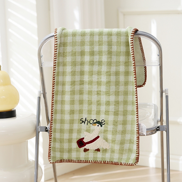 朴尔家纺-毛巾被 2025新款毛巾绣勾边小格快乐鸭AB版珊瑚绒速吸速干毛巾 格子快乐鸭-青绿毛巾 35x75cm毛巾