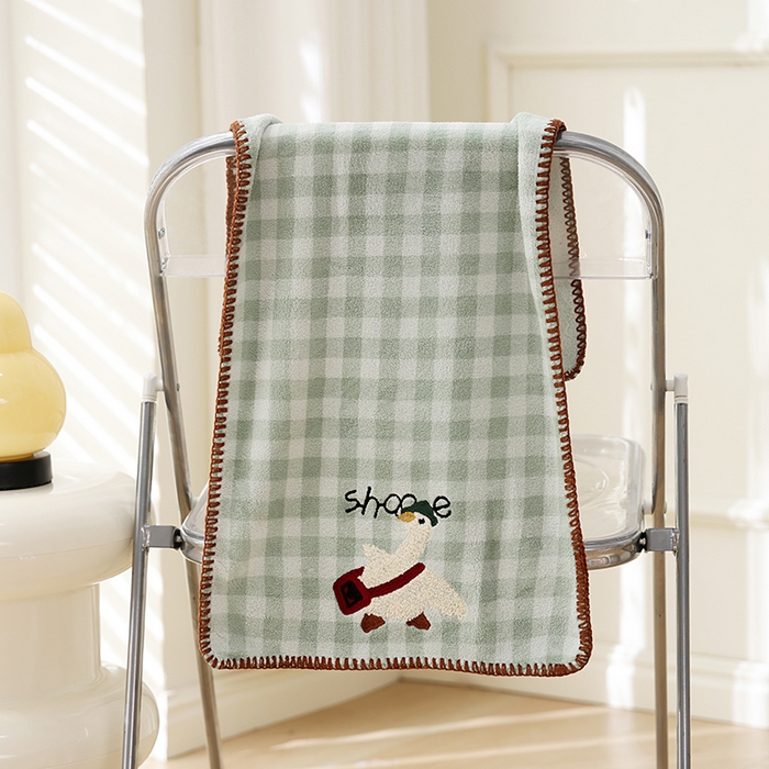 朴尔家纺-毛巾被 2025新款毛巾绣勾边小格快乐鸭AB版珊瑚绒速吸速干毛巾 格子快乐鸭-深绿毛巾 35x75cm毛巾