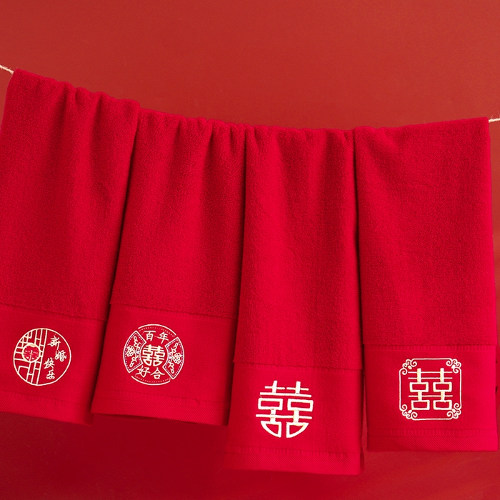 91家纺网 家纺一手货源 找家纺 （总）朴尔家纺-毛巾被 2025新款全棉纯棉红色系喜庆婚庆伴手礼新婚回礼绣花毛巾-场景一