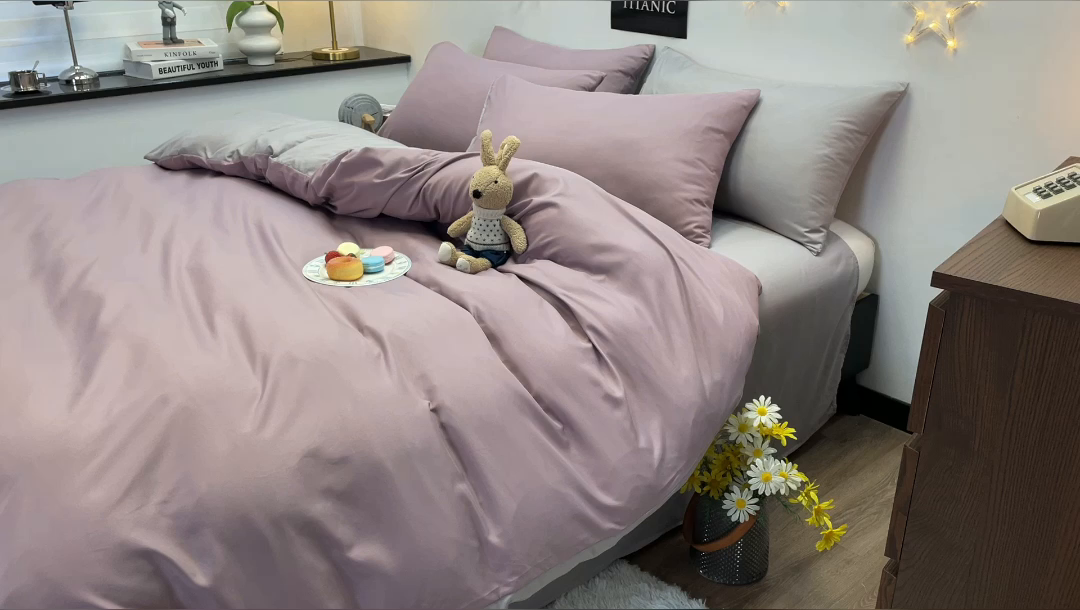 91家纺网 家纺一手货源 找家纺 赫然家纺 2026新款纯色磨毛系列床笠款四件套 豆沙+浅灰