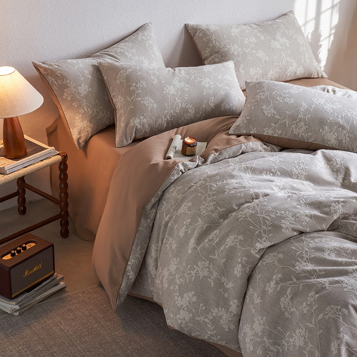 91家纺网 家纺一手货源 找家纺 千朵森 2025新款全棉纯棉色织提花磨毛四件套-秋思 秋思—叶影