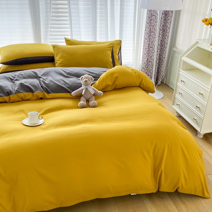 91家纺网 家纺一手货源 找家纺 赫然家纺 2026新款纯色磨毛系列床笠款四件套 姜黄+深灰