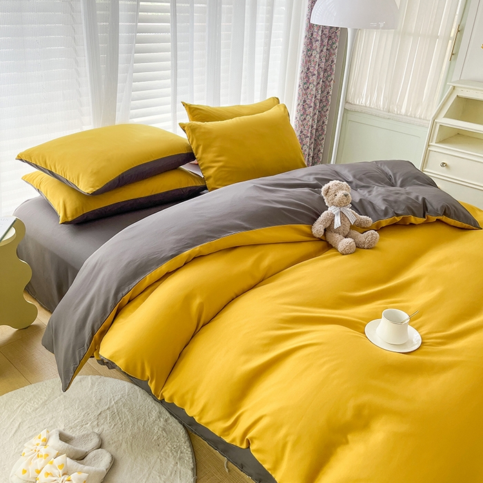 91家纺网 家纺一手货源 找家纺 赫然家纺 2026新款纯色磨毛系列床笠款四件套 姜黄+深灰