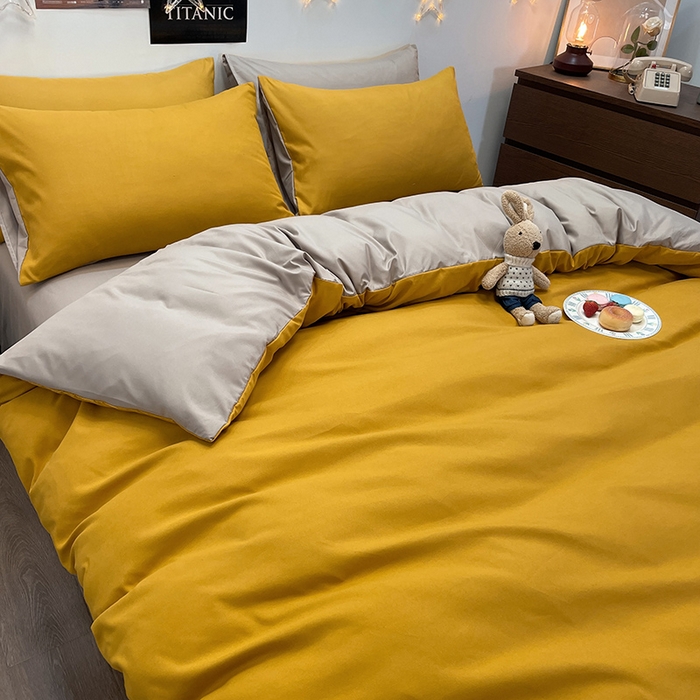 91家纺网 家纺一手货源 找家纺 赫然家纺 2026新款纯色磨毛系列床笠款四件套 姜黄+驼色