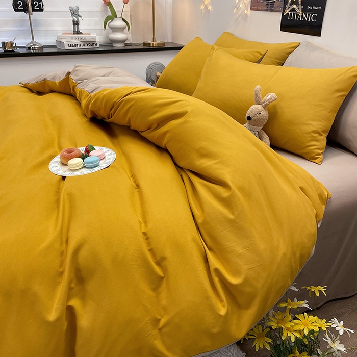 91家纺网 家纺一手货源 找家纺 赫然家纺 2026新款纯色磨毛系列床笠款四件套 姜黄+驼色