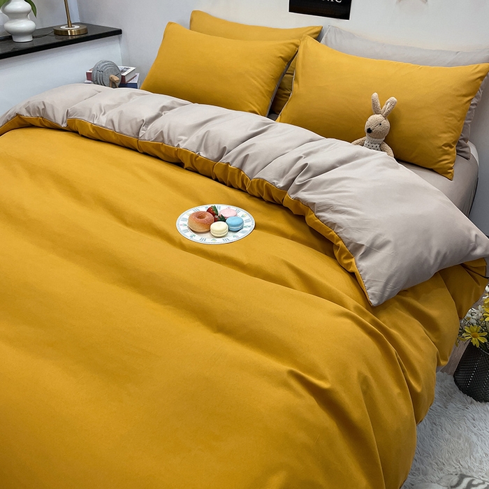 91家纺网 家纺一手货源 找家纺 赫然家纺 2026新款纯色磨毛系列床笠款四件套 姜黄+驼色