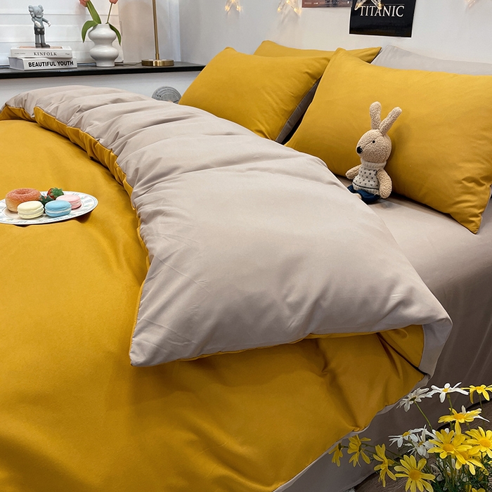 91家纺网 家纺一手货源 找家纺 赫然家纺 2026新款纯色磨毛系列床笠款四件套 姜黄+驼色