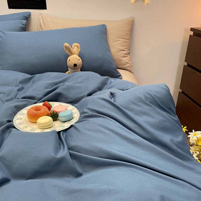 91家纺网 家纺一手货源 找家纺 赫然家纺 2026新款纯色磨毛系列床笠款四件套 蓝色+驼色