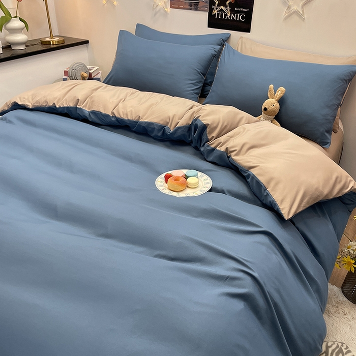 91家纺网 家纺一手货源 找家纺 赫然家纺 2026新款纯色磨毛系列床笠款四件套 蓝色+驼色