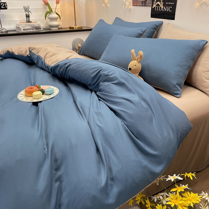 91家纺网 家纺一手货源 找家纺 赫然家纺 2026新款纯色磨毛系列床笠款四件套 蓝色+驼色