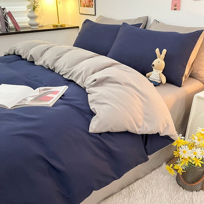 91家纺网 家纺一手货源 找家纺 赫然家纺 2026新款纯色磨毛系列床笠款四件套 魅蓝+浅灰