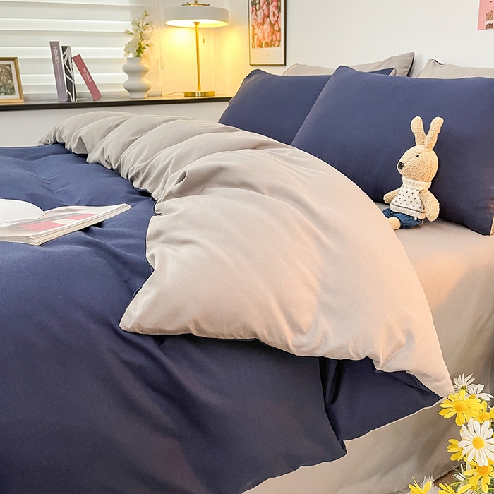 91家纺网 家纺一手货源 找家纺 赫然家纺 2026新款纯色磨毛系列床笠款四件套 魅蓝+浅灰