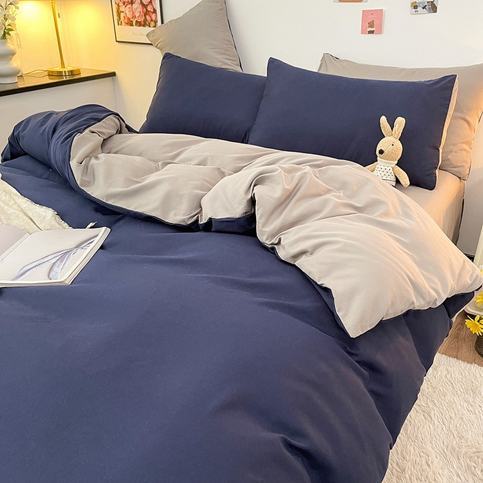 91家纺网 家纺一手货源 找家纺 赫然家纺 2026新款纯色磨毛系列床笠款四件套 魅蓝+浅灰