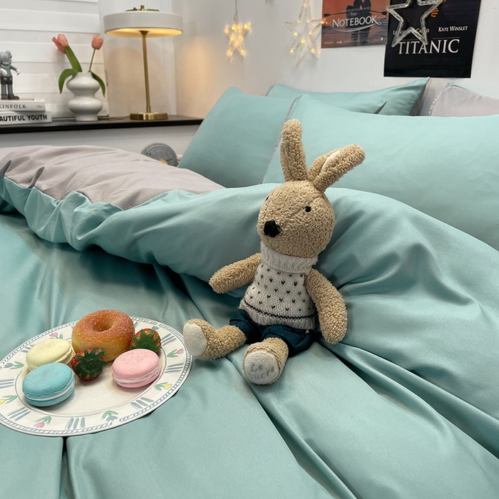 91家纺网 家纺一手货源 找家纺 赫然家纺 2026新款纯色磨毛系列床笠款四件套 浅蓝+浅灰