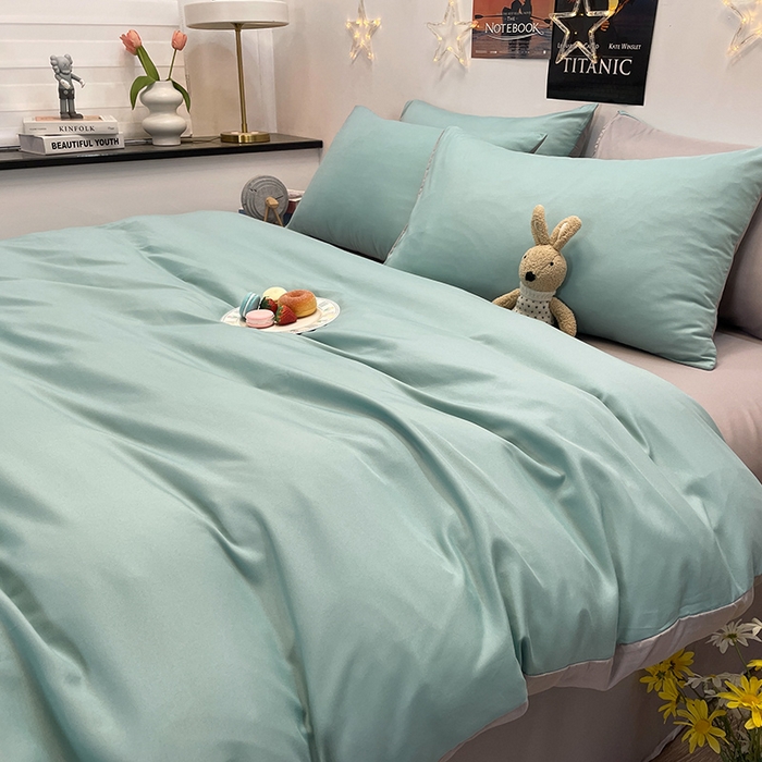 91家纺网 家纺一手货源 找家纺 赫然家纺 2026新款纯色磨毛系列床笠款四件套 浅蓝+浅灰