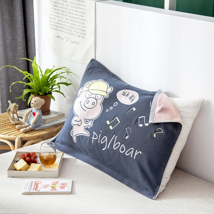 91家纺网 家纺一手货源 找家纺 朴尔家纺-毛巾被 2025新款儿童定位卡通大版花全棉纯棉四层纱布枕巾 兜兜猪 40x60cm儿童枕巾/对