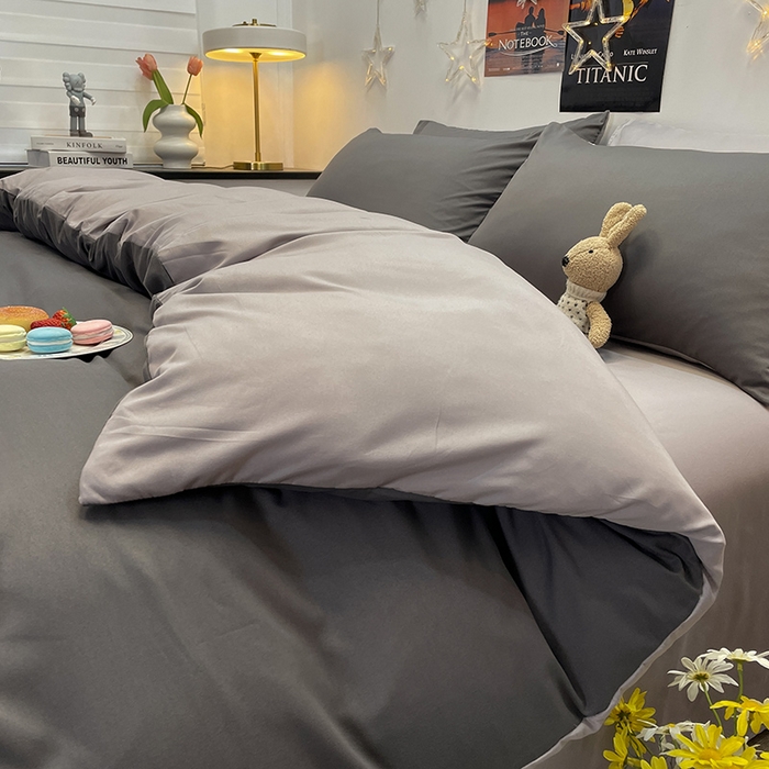 91家纺网 家纺一手货源 找家纺 赫然家纺 2026新款纯色磨毛系列床笠款四件套 深灰+浅灰