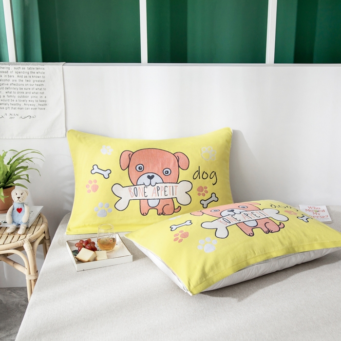 91家纺网 家纺一手货源 找家纺 朴尔家纺-毛巾被 2025新款儿童定位卡通大版花全棉纯棉四层纱布枕巾 骨头汪 40x60cm儿童枕巾/对