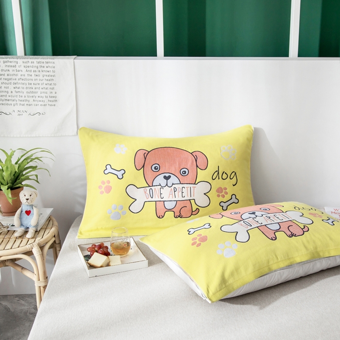 91家纺网 家纺一手货源 找家纺 朴尔家纺-毛巾被 2025新款儿童定位卡通大版花全棉纯棉四层纱布枕巾 骨头汪 40x60cm儿童枕巾/对