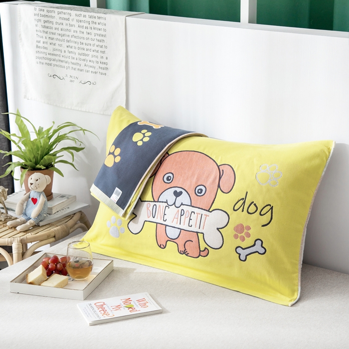 91家纺网 家纺一手货源 找家纺 朴尔家纺-毛巾被 2025新款儿童定位卡通大版花全棉纯棉四层纱布枕巾 骨头汪 40x60cm儿童枕巾/对