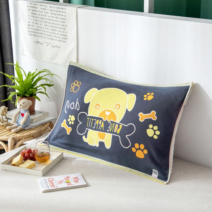 91家纺网 家纺一手货源 找家纺 朴尔家纺-毛巾被 2025新款儿童定位卡通大版花全棉纯棉四层纱布枕巾 骨头汪 40x60cm儿童枕巾/对