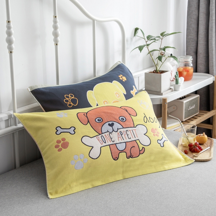 91家纺网 家纺一手货源 找家纺 朴尔家纺-毛巾被 2025新款儿童定位卡通大版花全棉纯棉四层纱布枕巾 骨头汪 40x60cm儿童枕巾/对