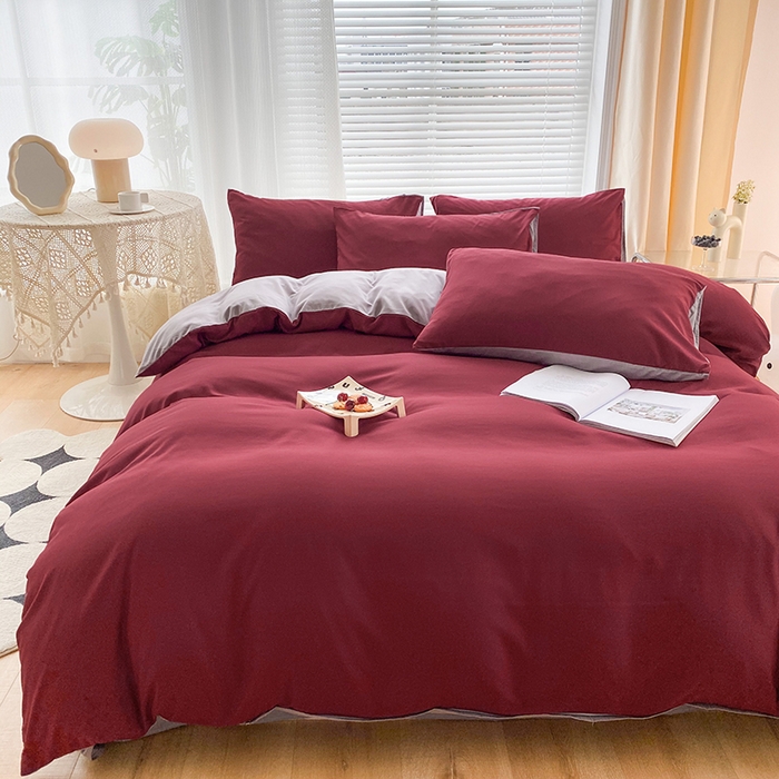 91家纺网 家纺一手货源 找家纺 赫然家纺 2026新款纯色磨毛系列床笠款四件套 枣红+浅灰