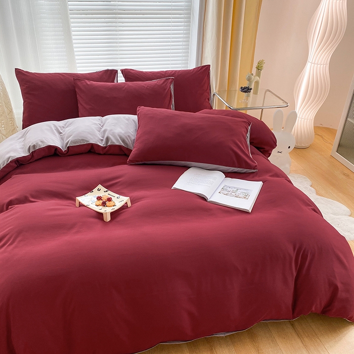 91家纺网 家纺一手货源 找家纺 赫然家纺 2026新款纯色磨毛系列床笠款四件套 枣红+浅灰