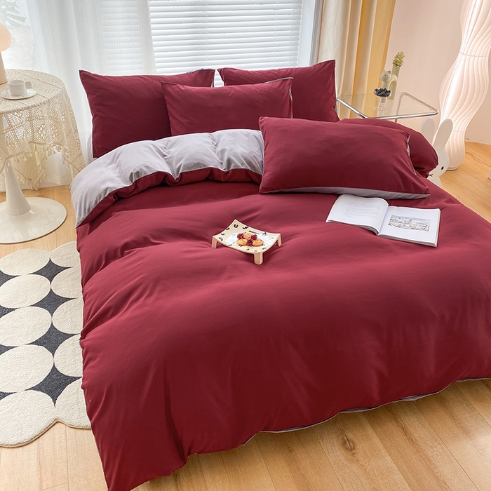 91家纺网 家纺一手货源 找家纺 赫然家纺 2026新款纯色磨毛系列床笠款四件套 枣红+浅灰