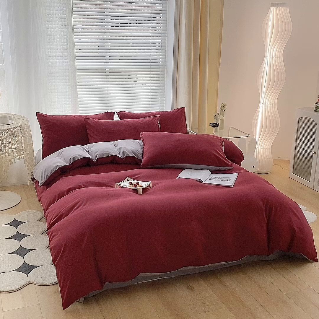 91家纺网 家纺一手货源 找家纺 赫然家纺 2026新款纯色磨毛系列床笠款四件套 枣红+浅灰