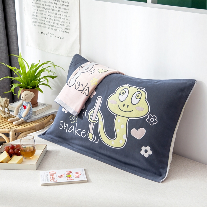 91家纺网 家纺一手货源 找家纺 朴尔家纺-毛巾被 2025新款儿童定位卡通大版花全棉纯棉四层纱布枕巾 花花蛇 40x60cm儿童枕巾/对