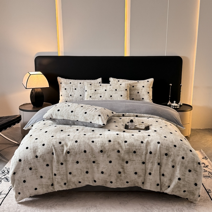 91家纺网 家纺一手货源 找家纺 赛丽雅 2025新款高克重兔毛绒兔兔绒牛奶绒四件套 点点-灰绿