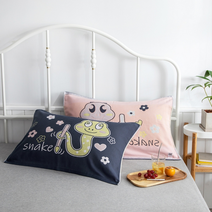 91家纺网 家纺一手货源 找家纺 朴尔家纺-毛巾被 2025新款儿童定位卡通大版花全棉纯棉四层纱布枕巾 花花蛇 40x60cm儿童枕巾/对