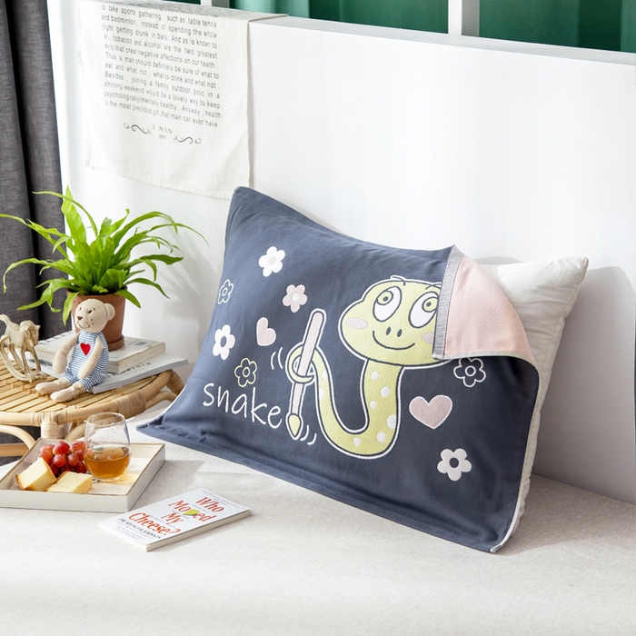 91家纺网 家纺一手货源 找家纺 朴尔家纺-毛巾被 2025新款儿童定位卡通大版花全棉纯棉四层纱布枕巾 花花蛇 40x60cm儿童枕巾/对