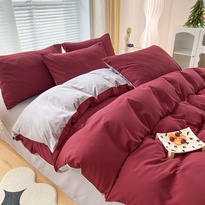 91家纺网 家纺一手货源 找家纺 赫然家纺 2026新款纯色磨毛系列床笠款四件套 枣红+浅灰