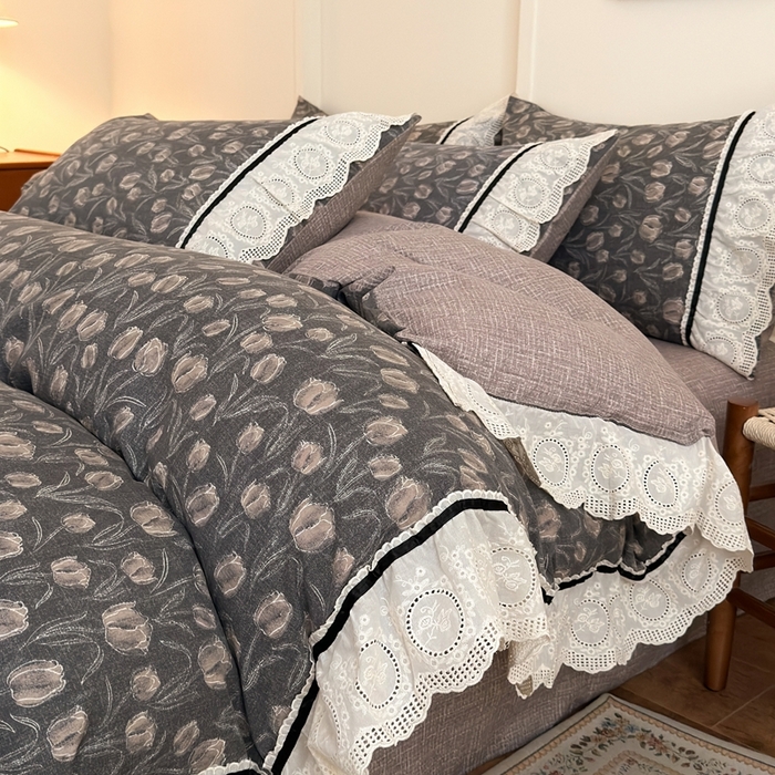 91家纺网 家纺一手货源 找家纺 （总）芯贝儿 2025秋冬新款加厚全m花边m麻复古风亚麻皱皱双层纱水洗m四件套